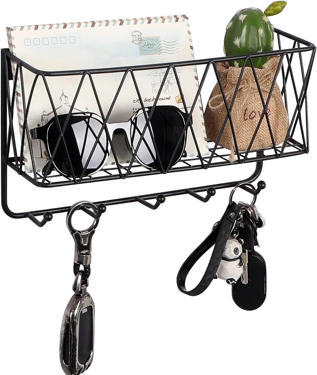 Entryway Mail Holder with Key Hooks, 11.0" L×2.6" W×5.1" H, Wall Mounted Matte Black Metal Wire Mesh Storage Basket with 5 Hooks, Easy to Organize Letters, Magazines, Keys, Leashes for Entryway